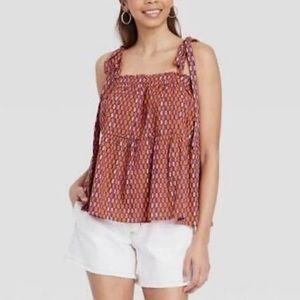 NWT Tank Top Women’s Large Orange and Pink Cotton Tiered Tie-Strap Boho